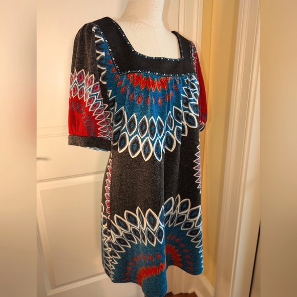 Aryeh XL Square Neck Multicolor Puff Sleeve Mini Groovy Geometric Mandala Print - Picture 1 of 8